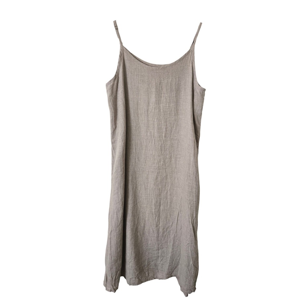 Flax Womens S Slip Dress Taupe 100% Linen Spaghetti Strap Midi Lagenlook Boho